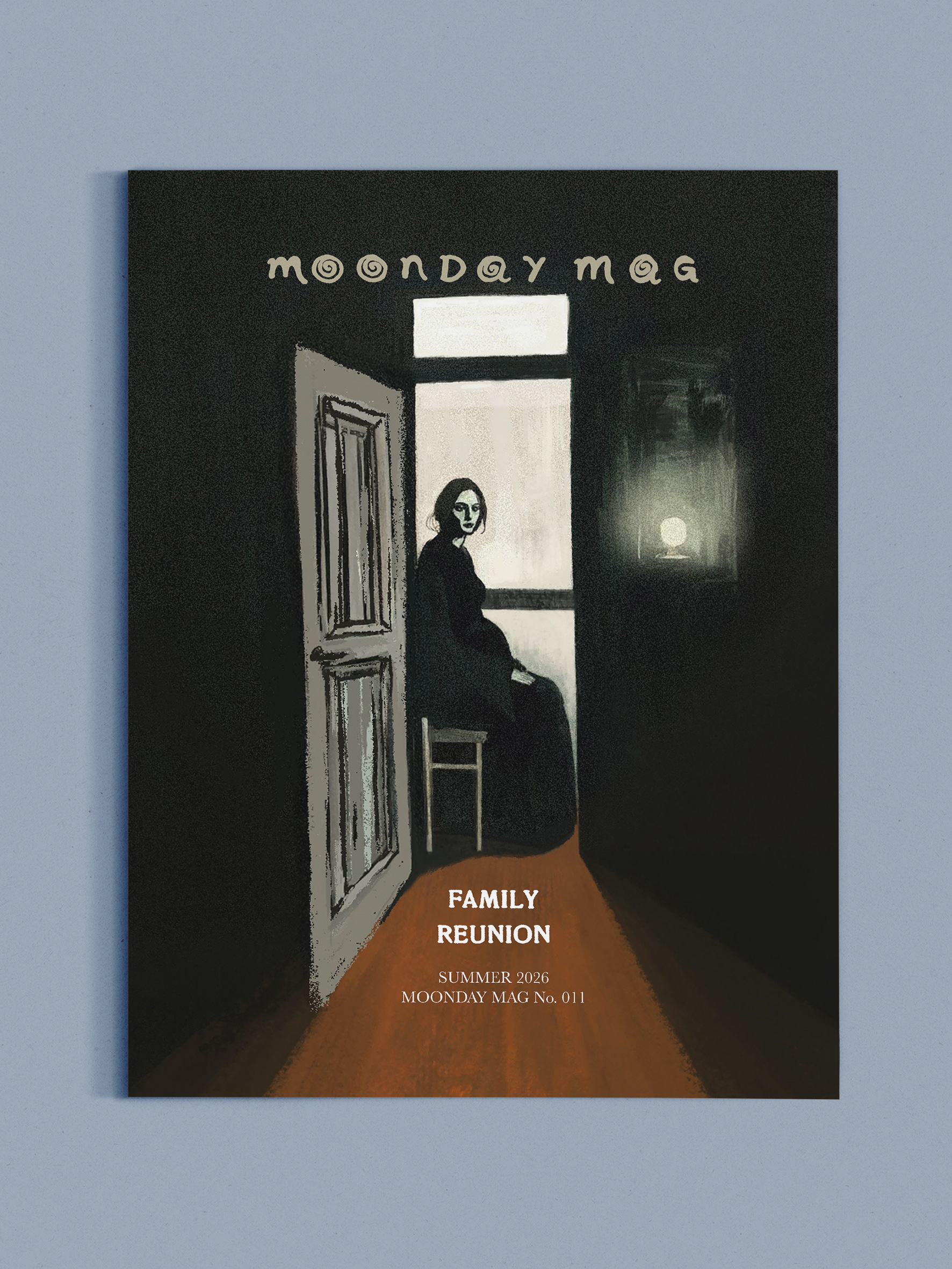 Image of the cover of Moonday Mag Issue #11, a woman visible through a doorway sitting on a chair